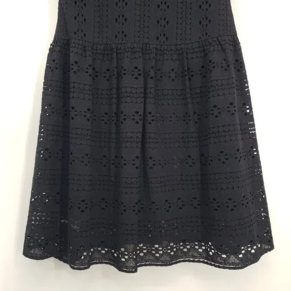 3/$25 LOFT Eyelet Lace Mini Dress 4 Fit and Flare Floune Ruffle Cotton Black - Picture 5 of 10